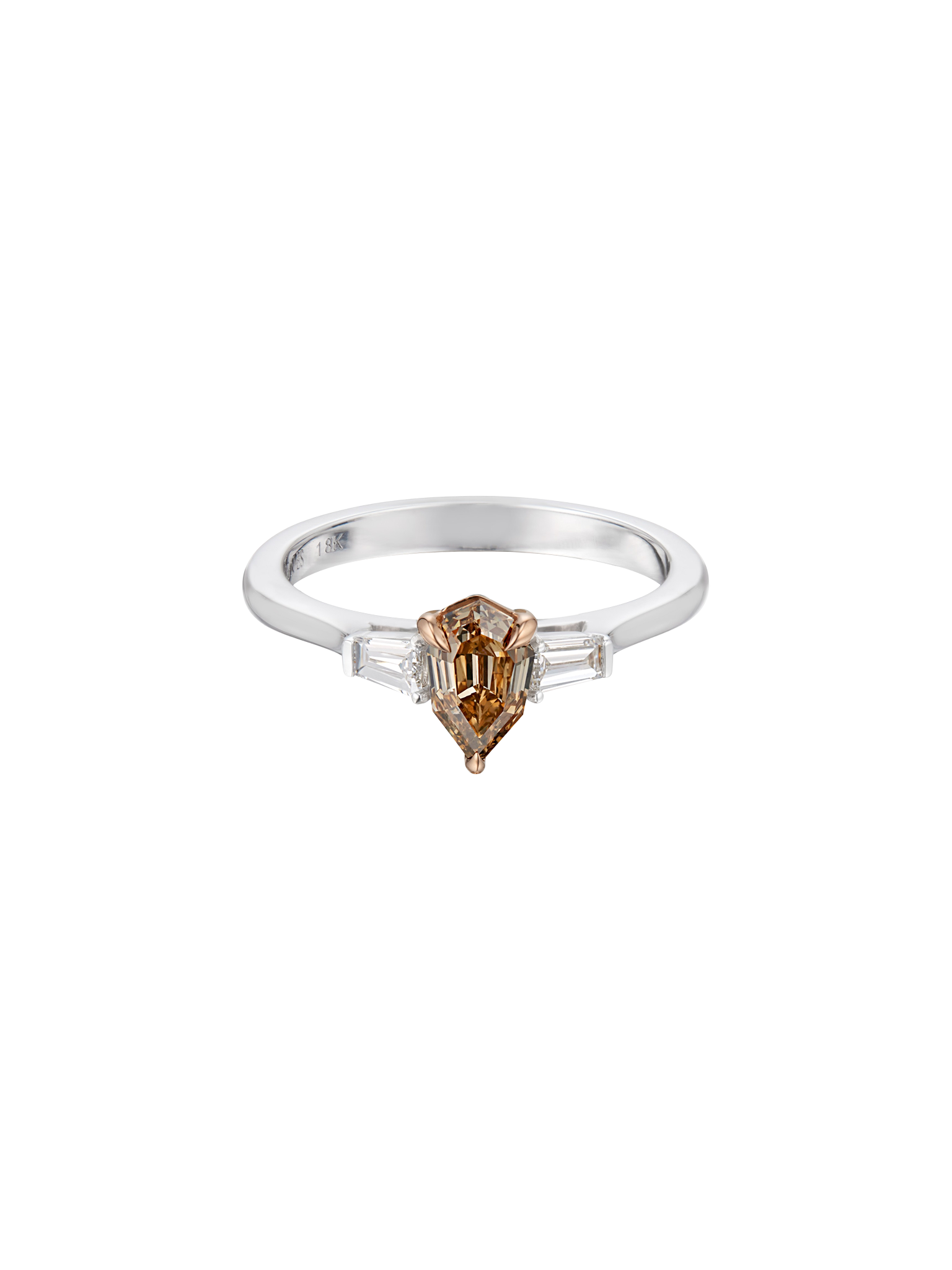Alternative modified pear fancy champagne & white diamond engagement ring in 18k white & rose gold